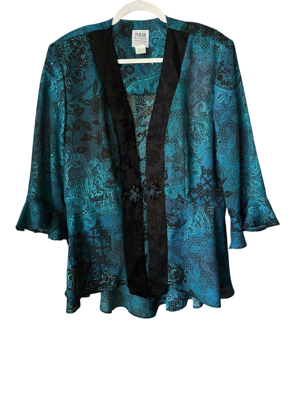 R&M Richards Teal Black Metallic Paisley Jacket Top Size 14 Made in USA